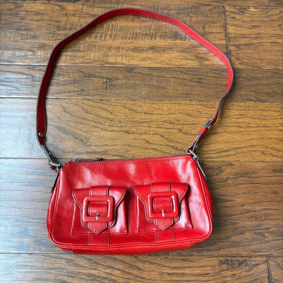 Kenneth Cole Red Leather Town Square Top Zip Shoulder Bag Buckle 90s Y2K - Picture 2 of 12